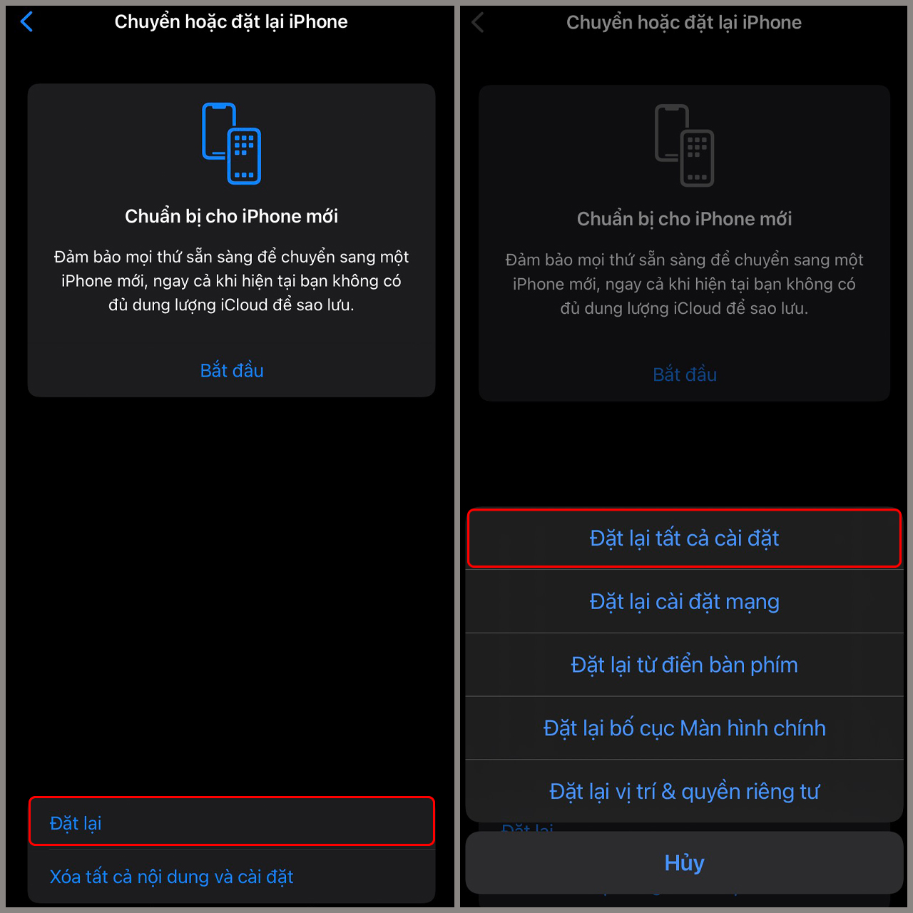 Bước 3: Nếu bạn muốn giữ lại dữ liệu, chọn Đặt lại => Đặt lại tất cả cài đặt. 